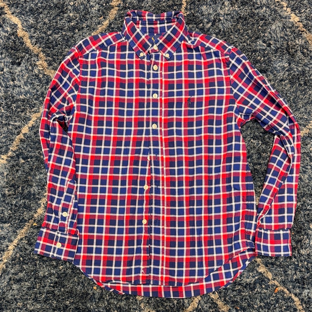 Ralph Lauren Red, Blue and white Plaid button-down Shirt kids size medium 10-12